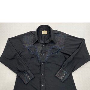 Vintage Dee Cee Western Cowboy Pearl Snap Shirt Black Floral Embroidered Men's M